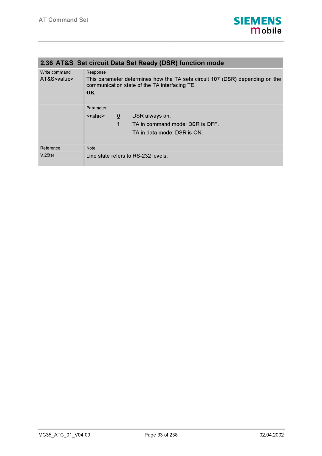 Siemens MC35 manual 36 AT&S Set circuit Data Set Ready DSR function mode 