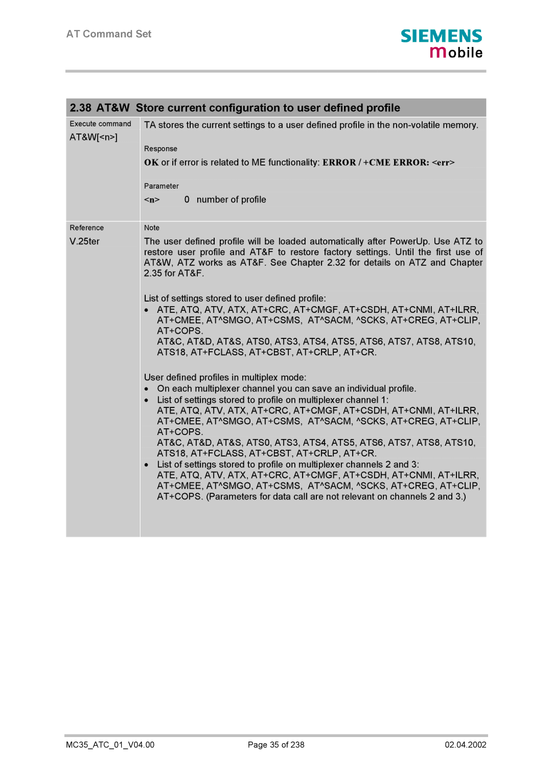 Siemens MC35 manual 38 AT&W Store current configuration to user defined profile 