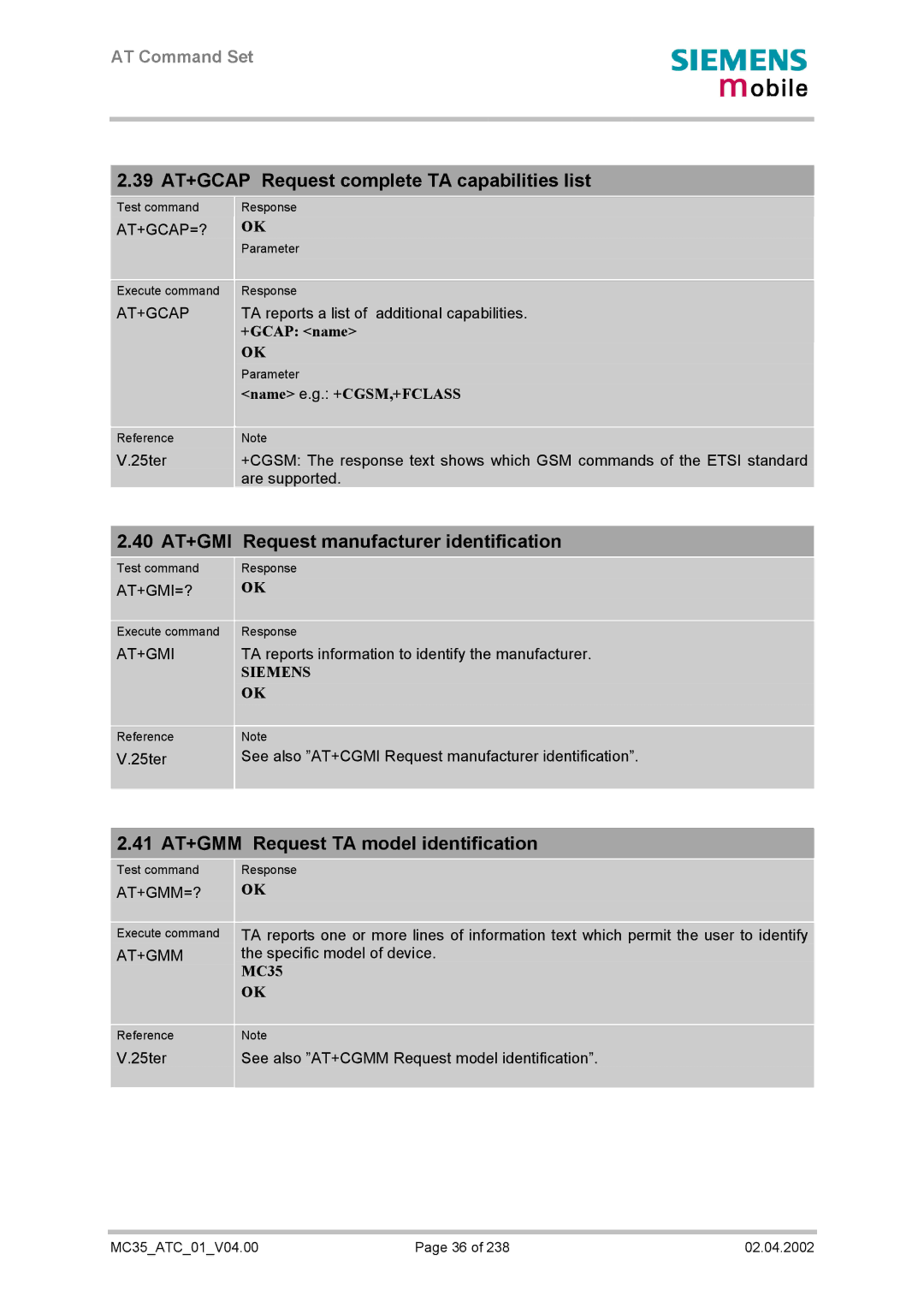 Siemens MC35 manual 39 AT+GCAP Request complete TA capabilities list, 40 AT+GMI Request manufacturer identification 