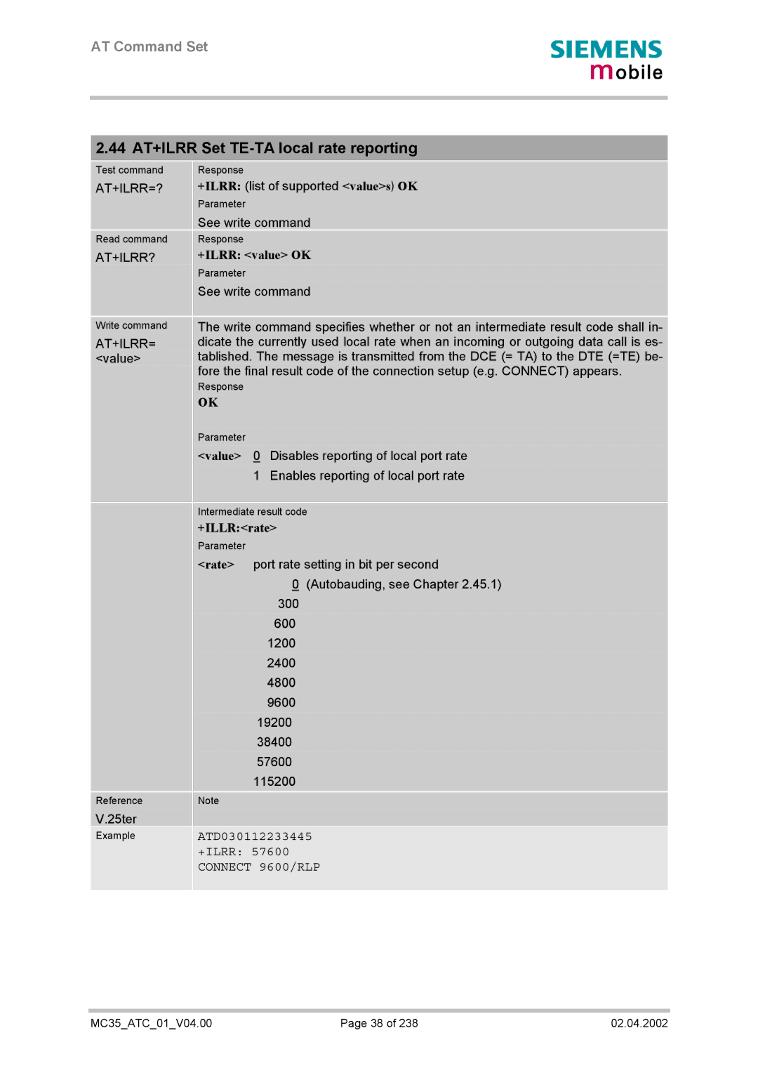 Siemens MC35 manual 44 AT+ILRR Set TE-TA local rate reporting, +ILRR value OK, +ILLRrate 