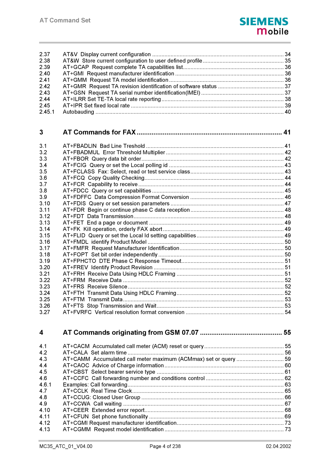 Siemens MC35 manual AT Commands for FAX, AT Commands originating from GSM 