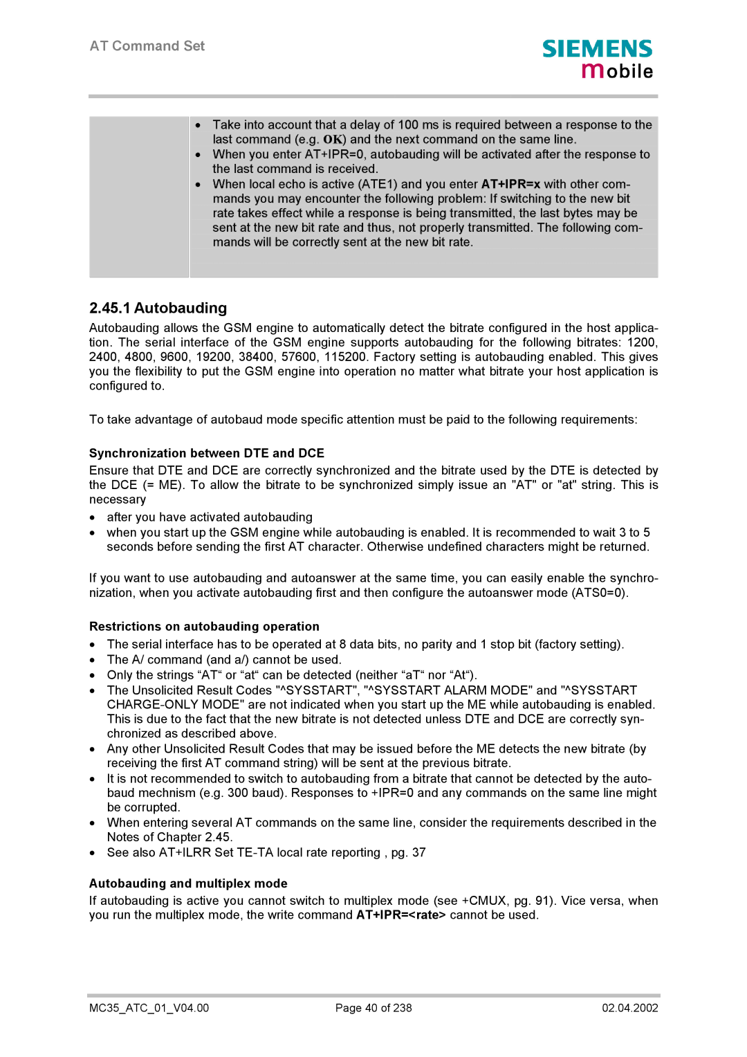 Siemens MC35 manual Autobauding, Synchronization between DTE and DCE, Restrictions on autobauding operation 