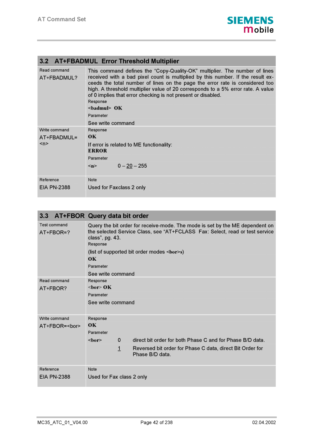 Siemens MC35 manual AT+FBADMUL Error Threshold Multiplier, AT+FBOR Query data bit order, Badmul OK, Bor OK 