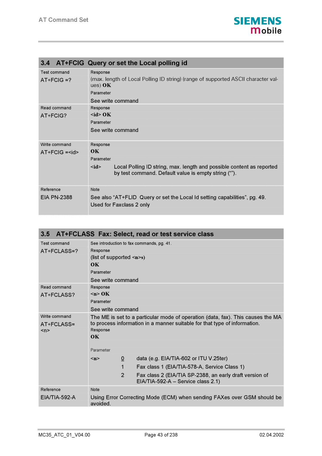 Siemens MC35 manual AT+FCIG Query or set the Local polling id, AT+FCLASS Fax Select, read or test service class, Id OK 