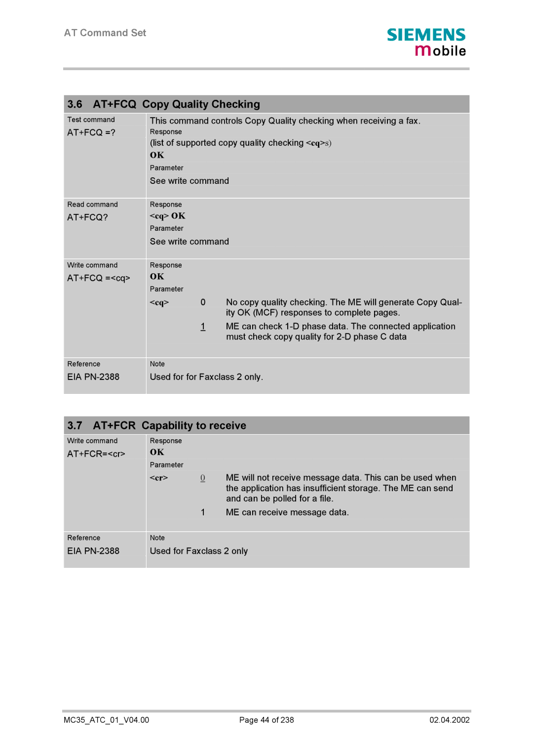 Siemens MC35 manual AT+FCQ Copy Quality Checking, AT+FCR Capability to receive, At+Fcq =?, At+Fcq?, Cq OK 