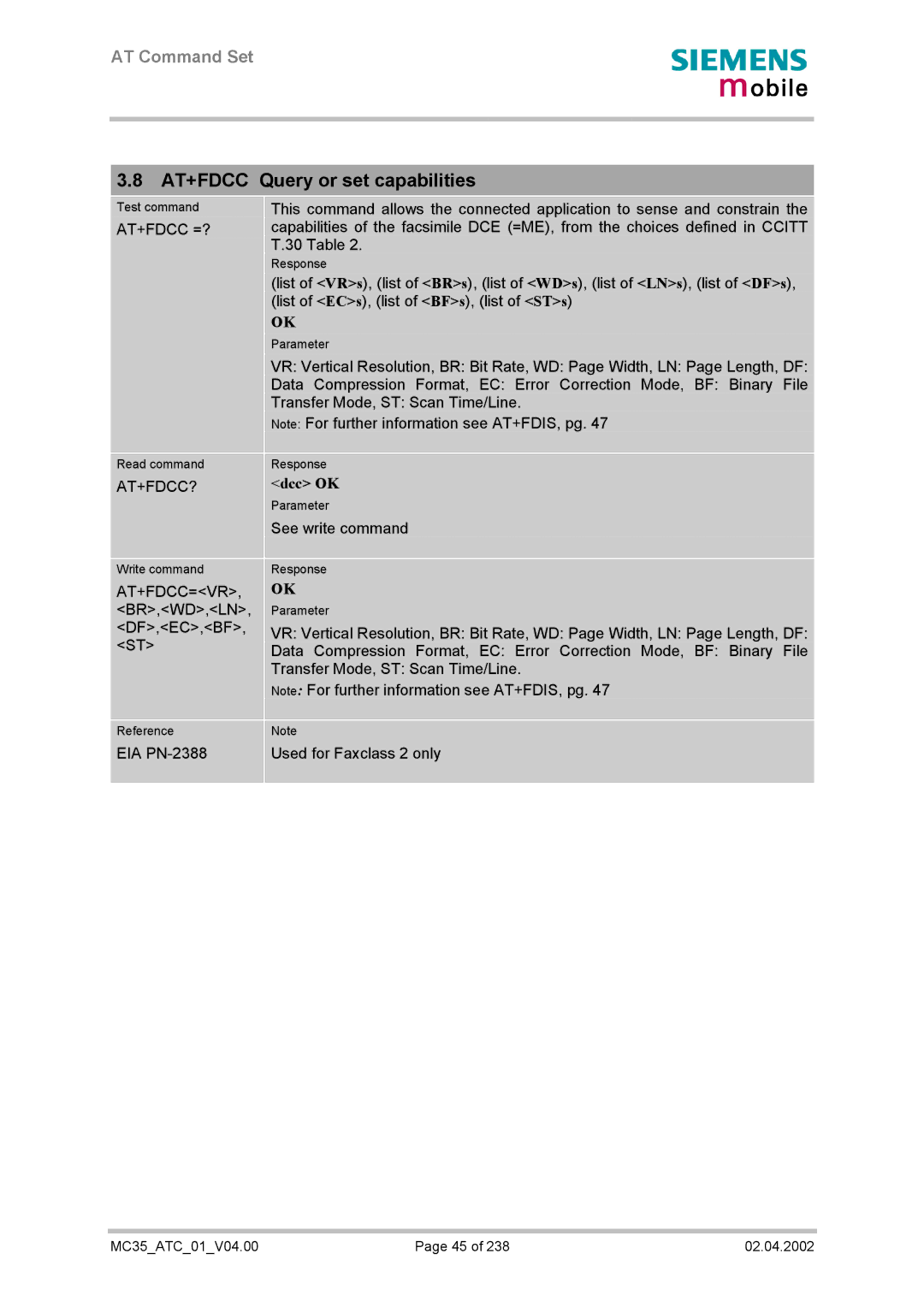 Siemens MC35 manual AT+FDCC Query or set capabilities, At+Fdcc =?, At+Fdcc?, Dcc OK, At+Fdcc=Vr 