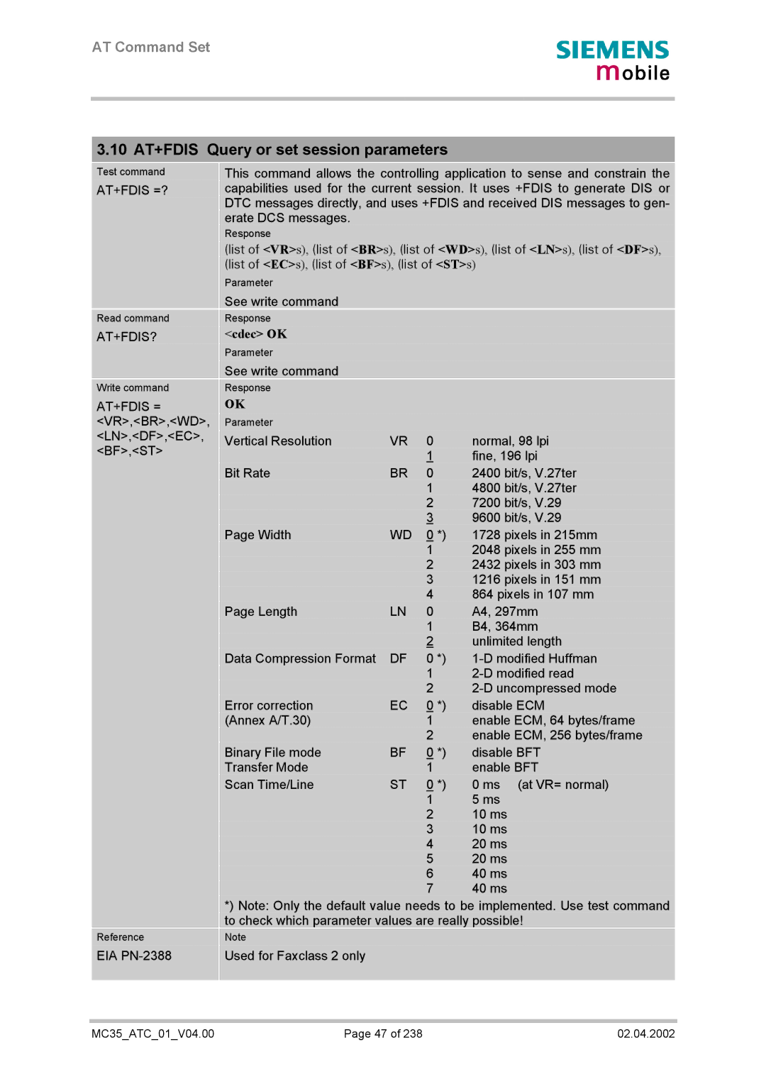 Siemens MC35 manual 10 AT+FDIS Query or set session parameters, At+Fdis =?, At+Fdis?, Cdec OK 