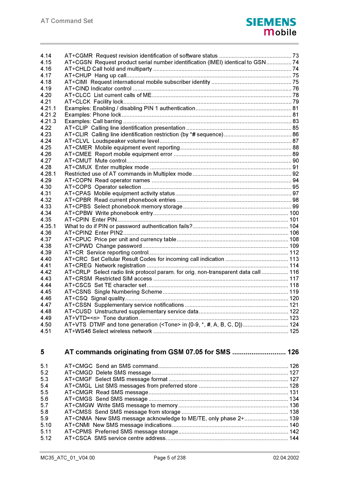 Siemens MC35 manual AT commands originating from GSM 07.05 for SMS 126 