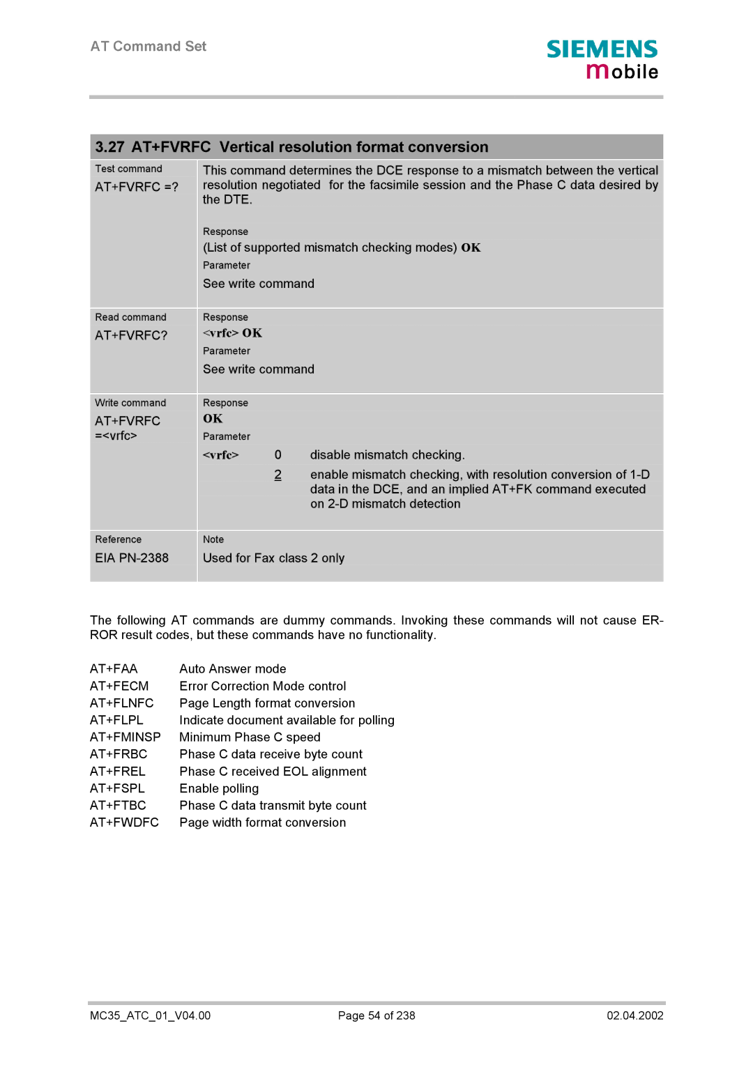 Siemens MC35 manual 27 AT+FVRFC Vertical resolution format conversion, Vrfc OK 