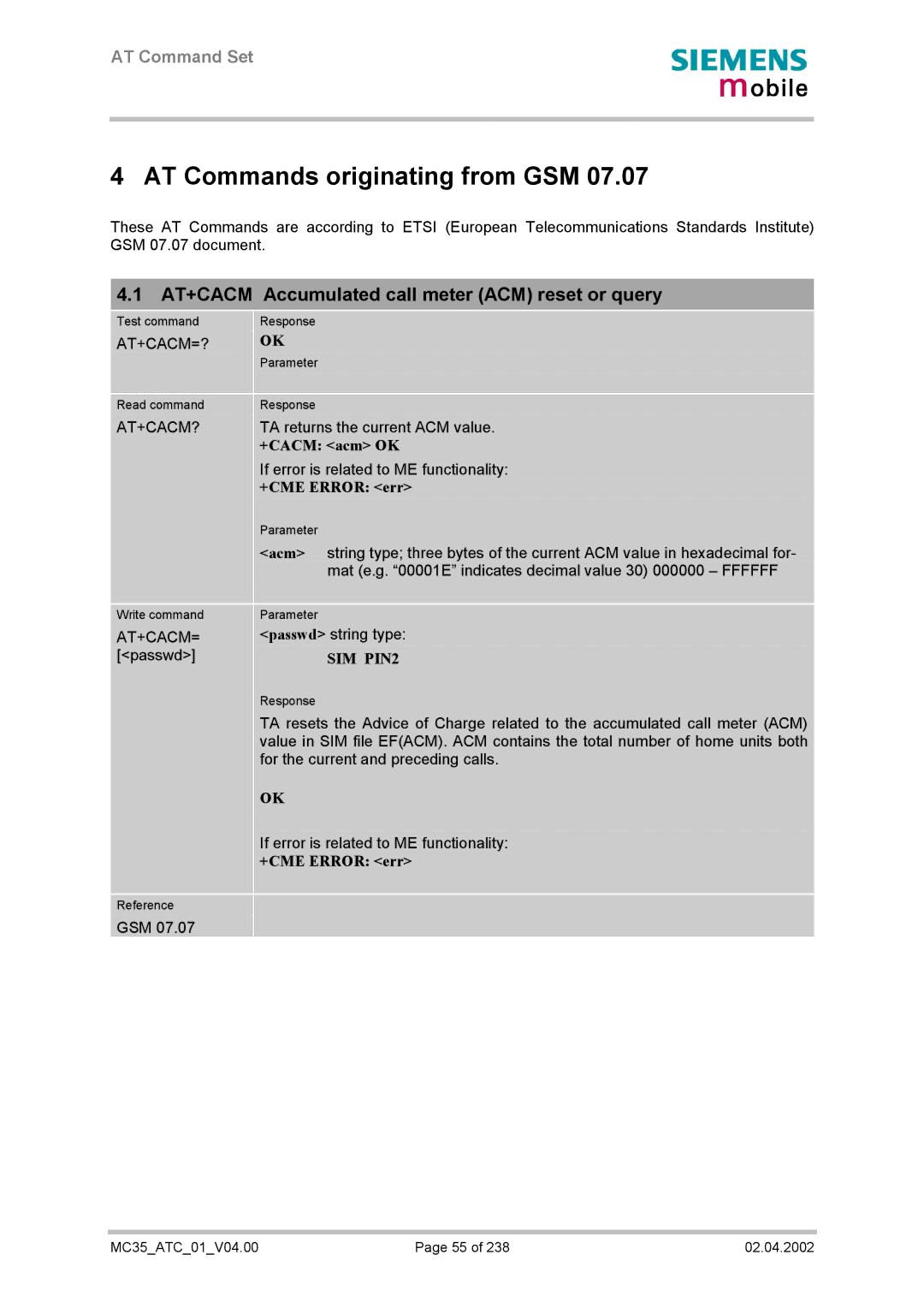 Siemens MC35 manual AT+CACM Accumulated call meter ACM reset or query, At+Cacm=?, At+Cacm?, +CACM acm OK 