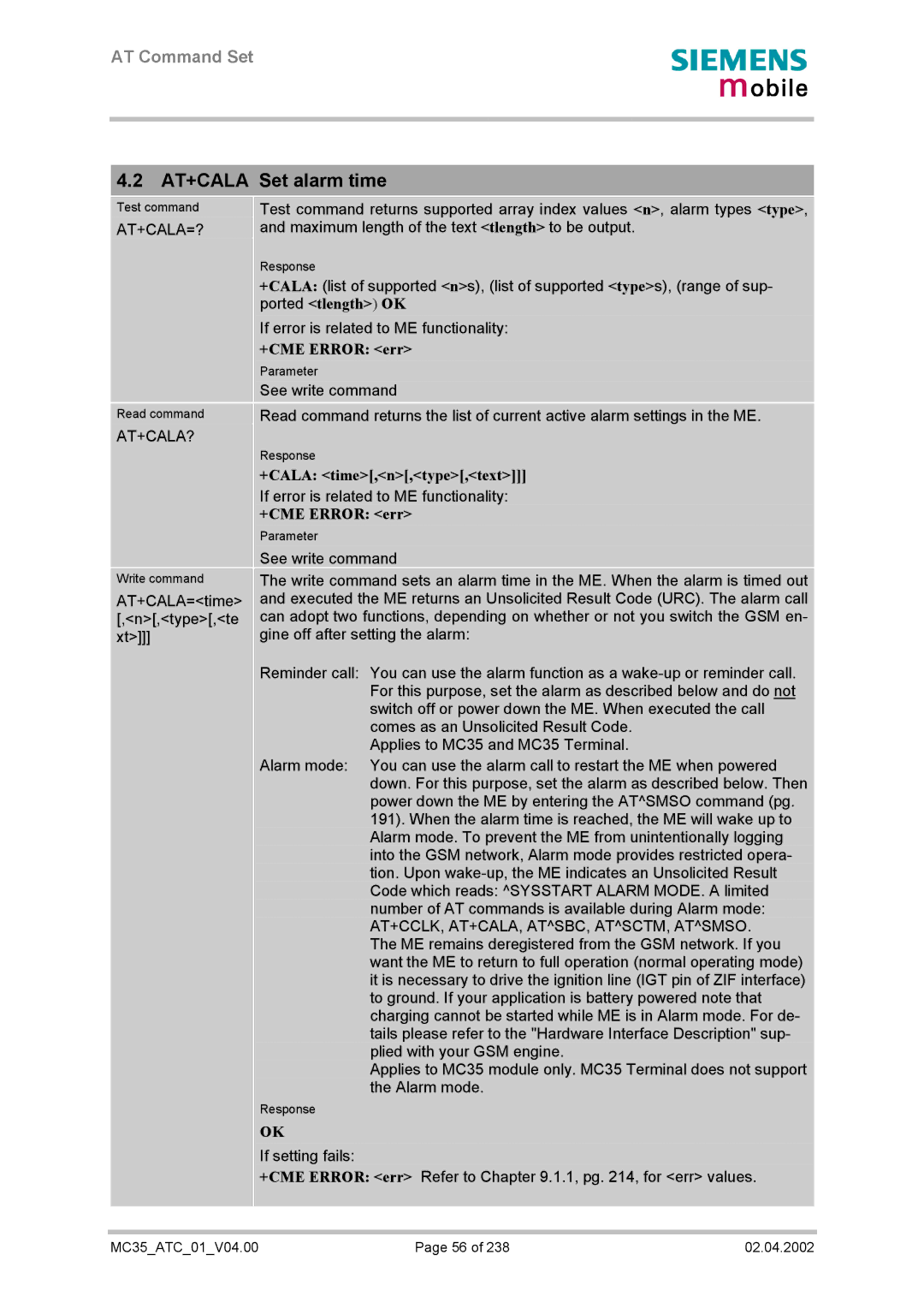 Siemens MC35 manual AT+CALA Set alarm time, At+Cala=?, At+Cala?, +CALA time,n,type,text 