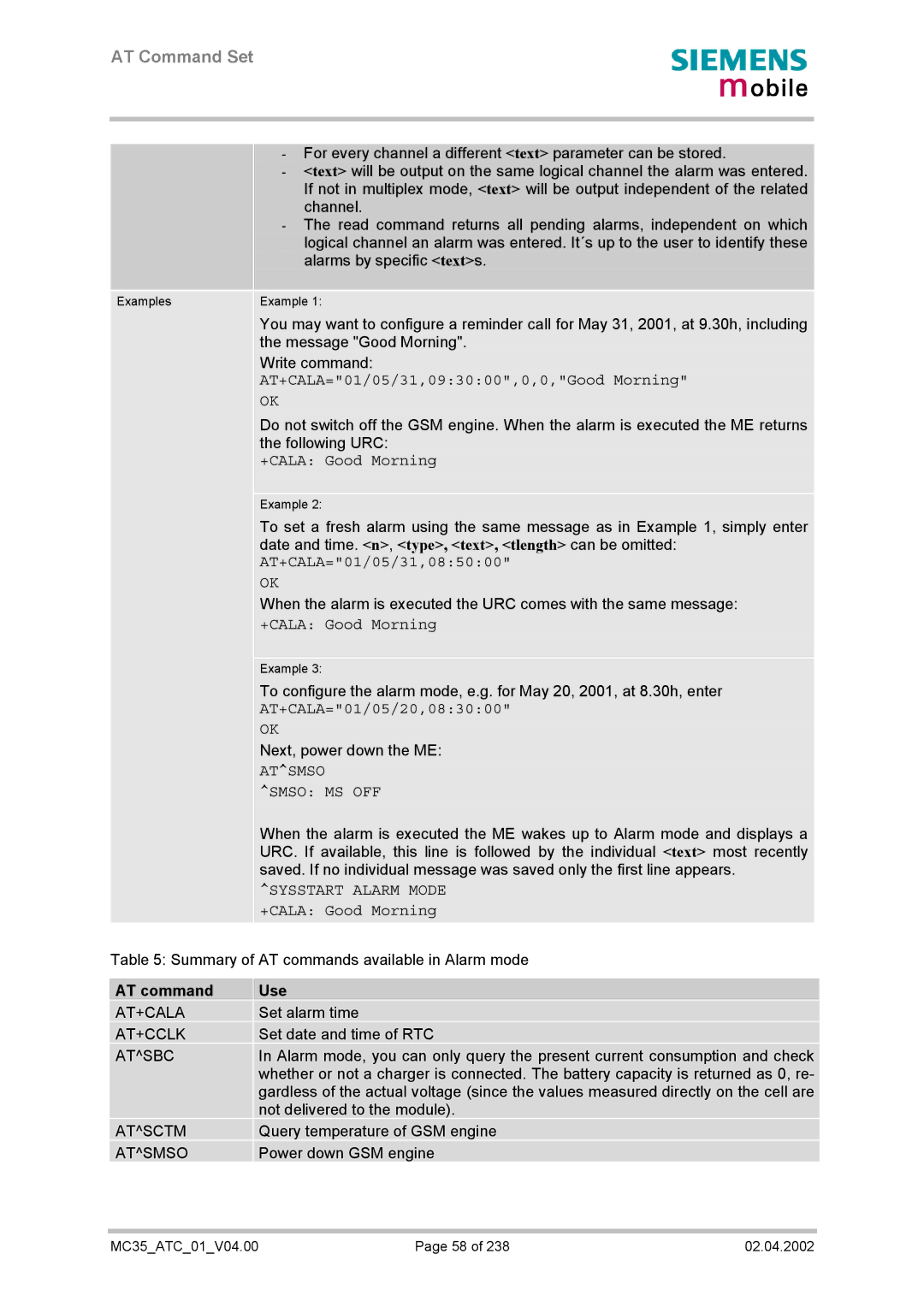 Siemens MC35 manual AT command Use, At+Cala, At+Cclk, Atsbc 