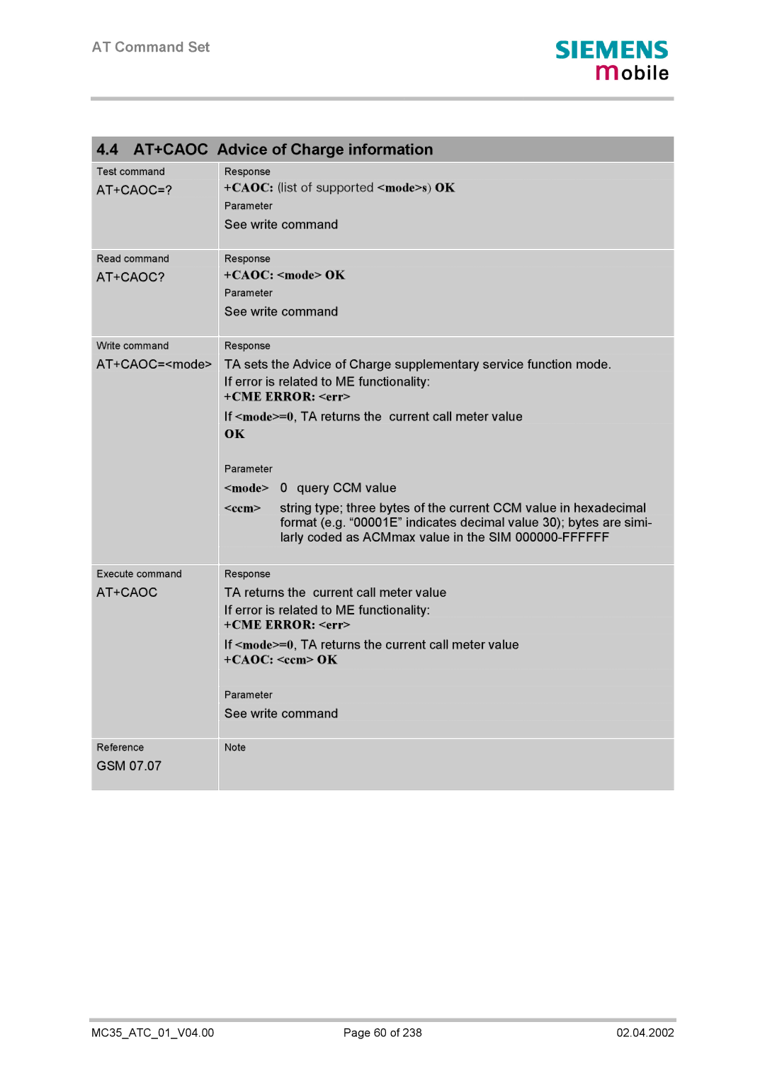 Siemens MC35 manual AT+CAOC Advice of Charge information, +CAOC mode OK, +CAOC ccm OK 