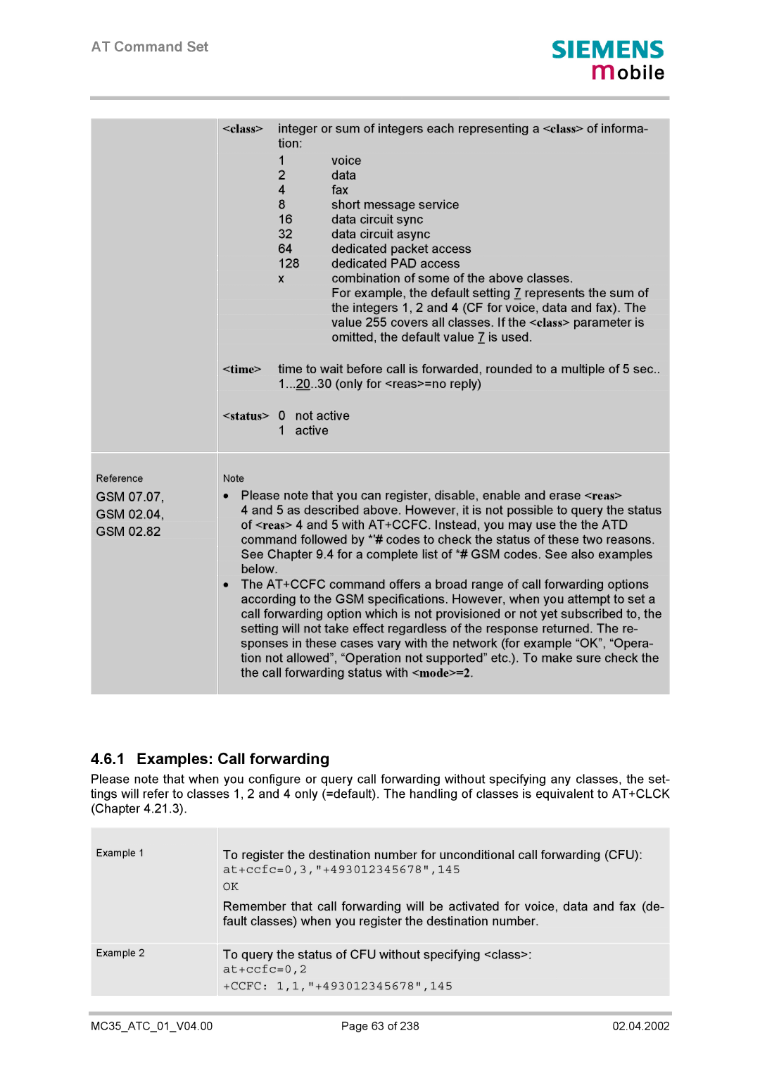 Siemens MC35 manual Examples Call forwarding, At+ccfc=0,3,+493012345678,145 