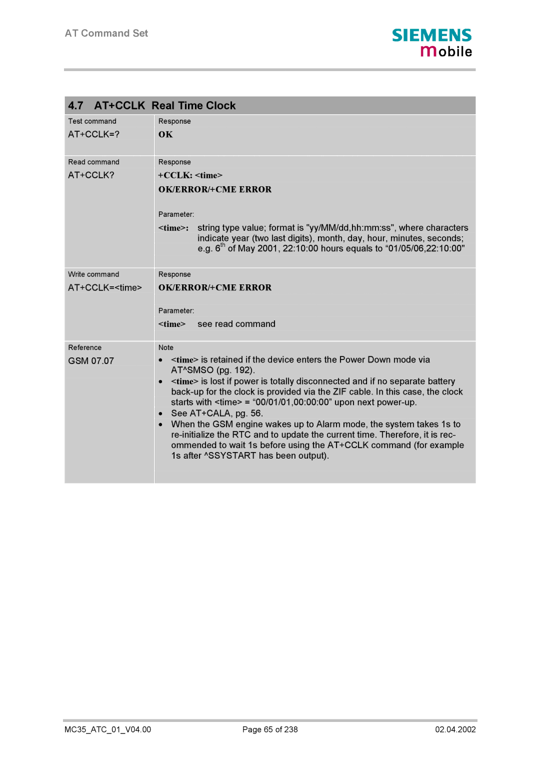 Siemens MC35 manual AT+CCLK Real Time Clock, At+Cclk=?, At+Cclk?, +CCLK time 