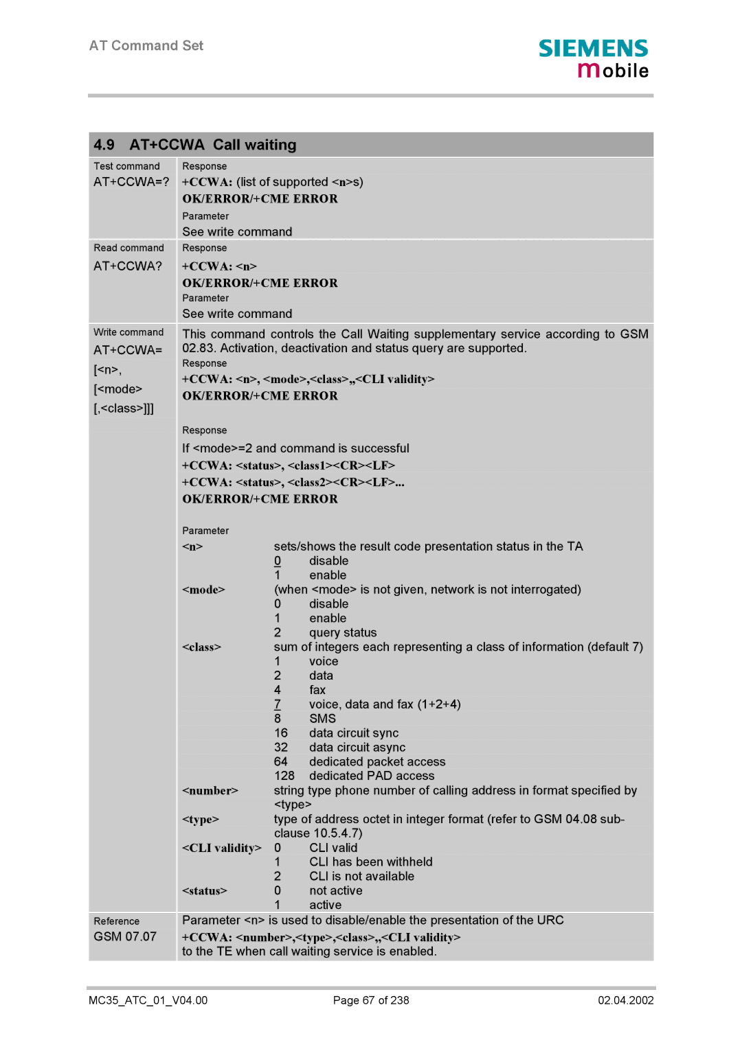 Siemens MC35 manual AT+CCWA Call waiting 