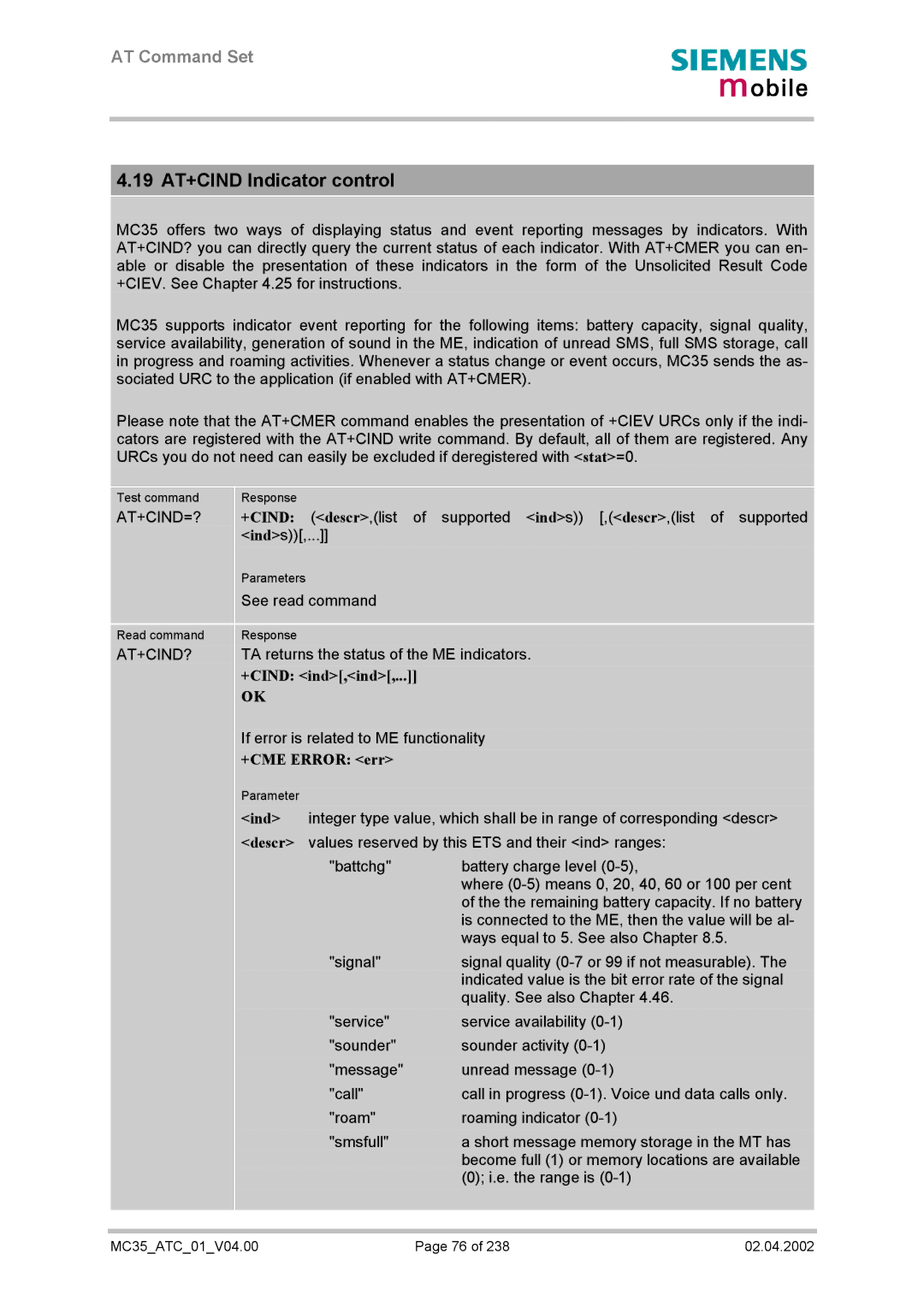 Siemens MC35 manual 19 AT+CIND Indicator control, +CIND descr,list, +CIND ind,ind 