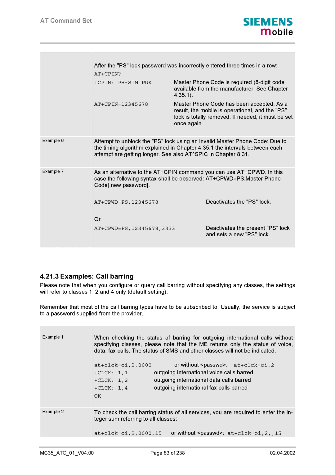 Siemens MC35 manual Examples Call barring, At+Cpin? +Cpin Ph-Sim Puk 