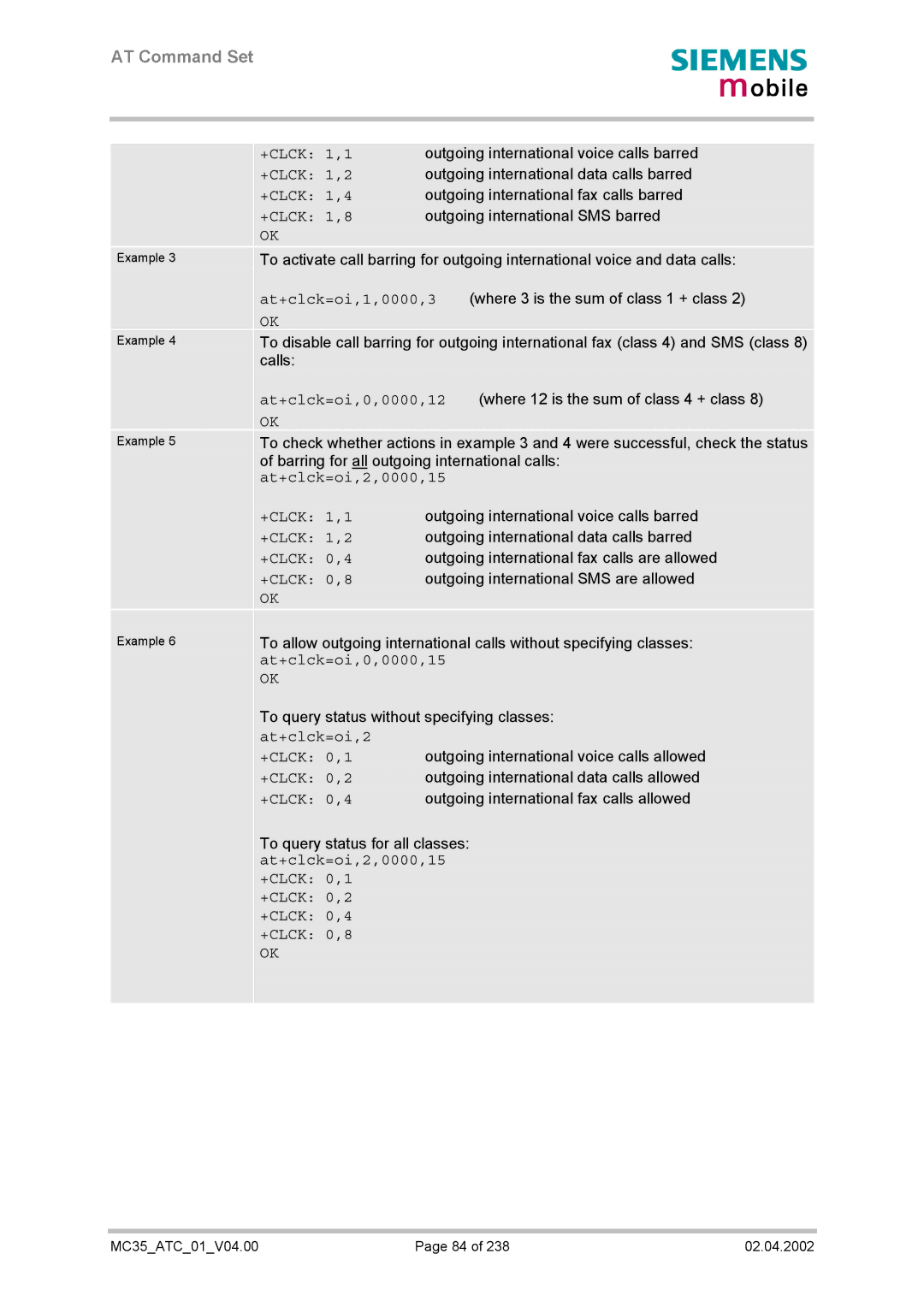 Siemens MC35 manual At+clck=oi,2,0000,15 +CLCK 1,1 