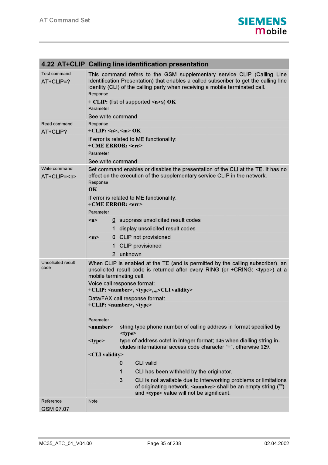 Siemens MC35 manual 22 AT+CLIP Calling line identification presentation, +CLIP n, m OK, +CLIP number, type,,,,CLI validity 