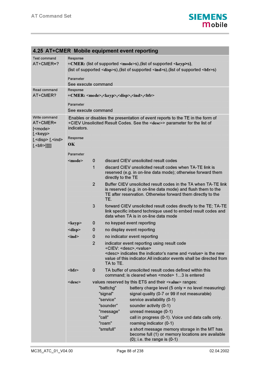 Siemens MC35 manual 25 AT+CMER Mobile equipment event reporting, +CMER mode,keyp,disp,ind,bfr, Keyp, Disp, Bfr 