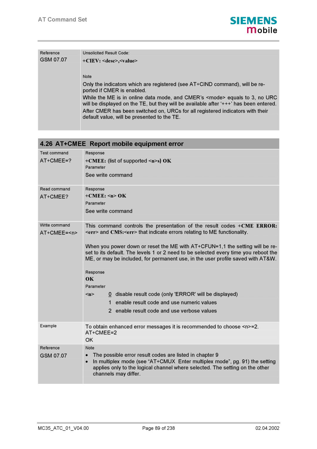 Siemens MC35 manual 26 AT+CMEE Report mobile equipment error, +CIEV desc,value, At+Cmee=?, At+Cmee?, +CMEE n OK 