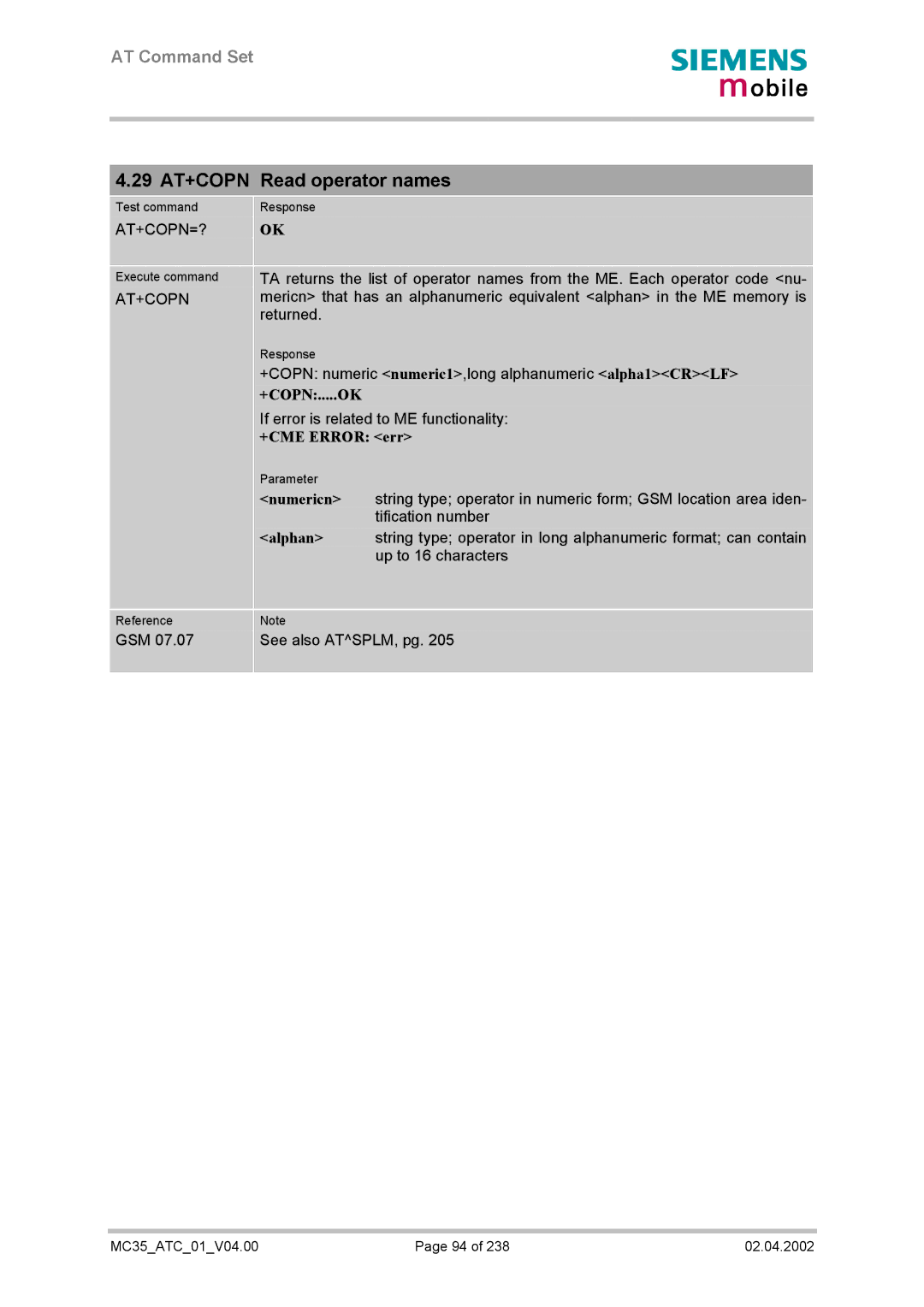 Siemens MC35 manual 29 AT+COPN Read operator names, At+Copn=?, +Copn.....Ok 