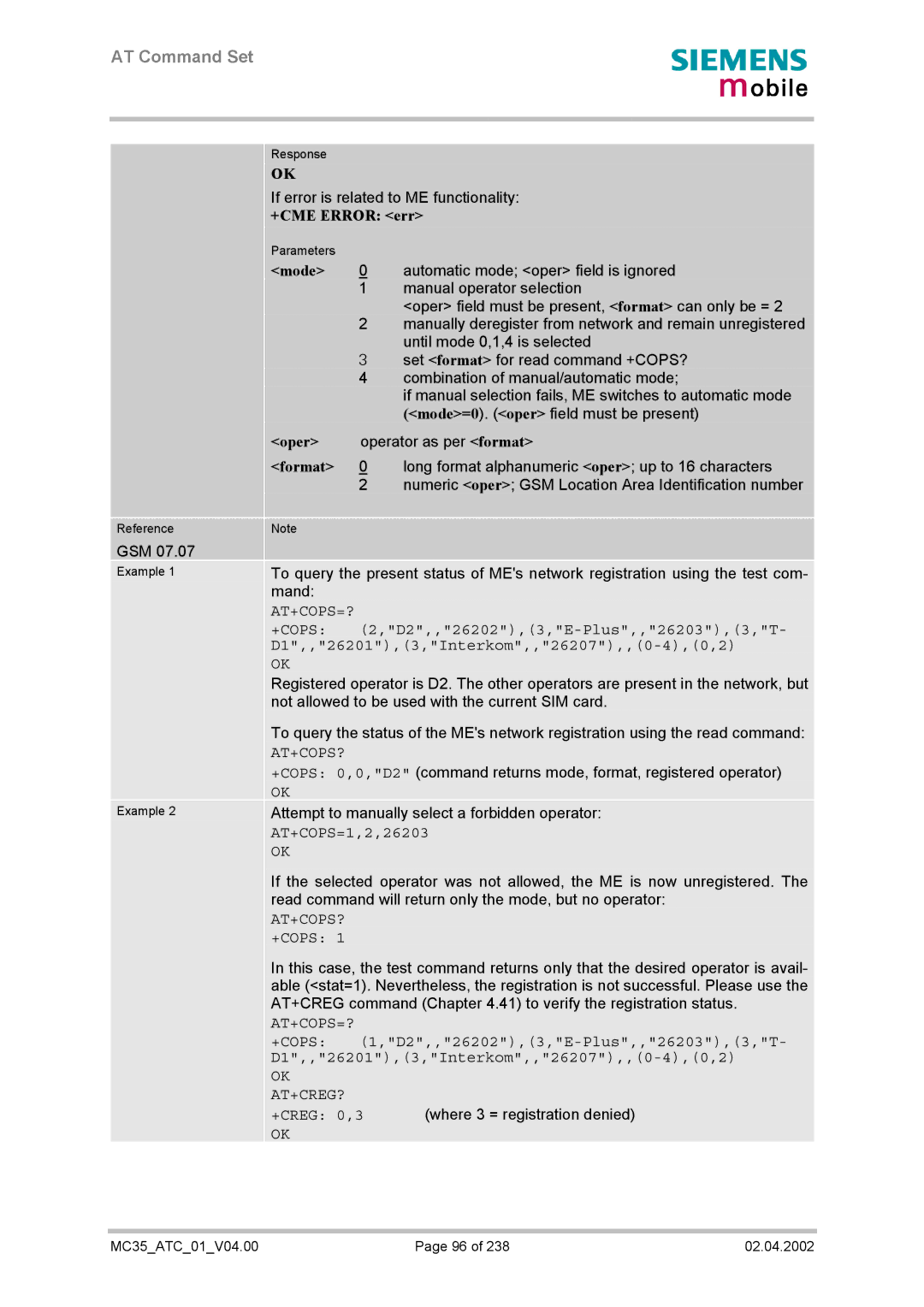 Siemens MC35 manual Oper, Format 