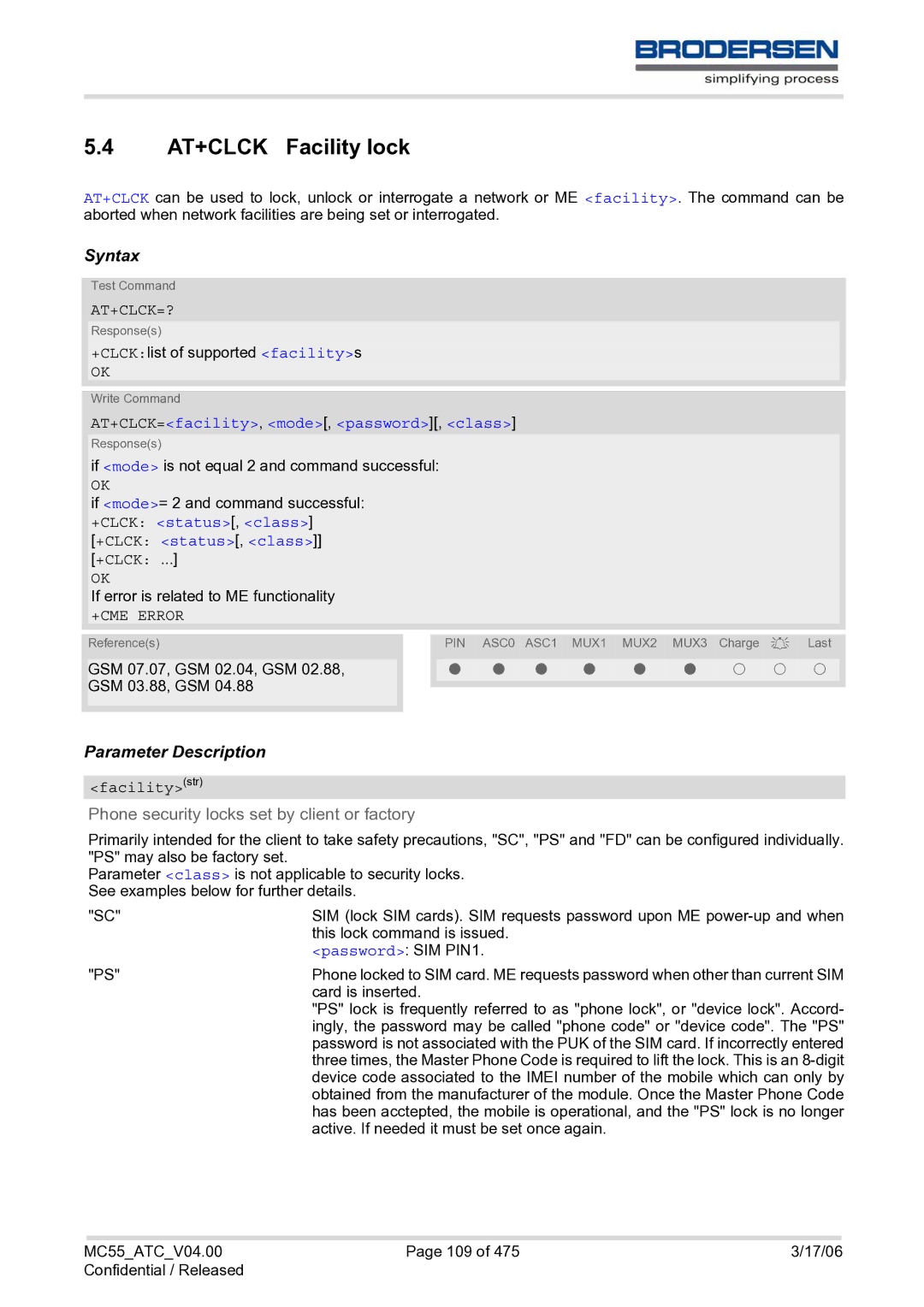 Siemens MC55 AT manual AT+CLCK Facility lock, At+Clck=?, AT+CLCK=facility, mode, password, class, +CLCK status, class 