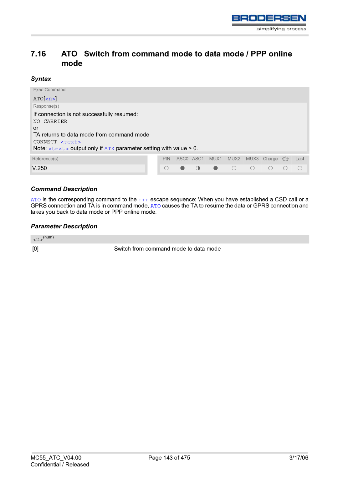 Siemens MC55 AT manual ATO Switch from command mode to data mode / PPP online mode, ATOn 