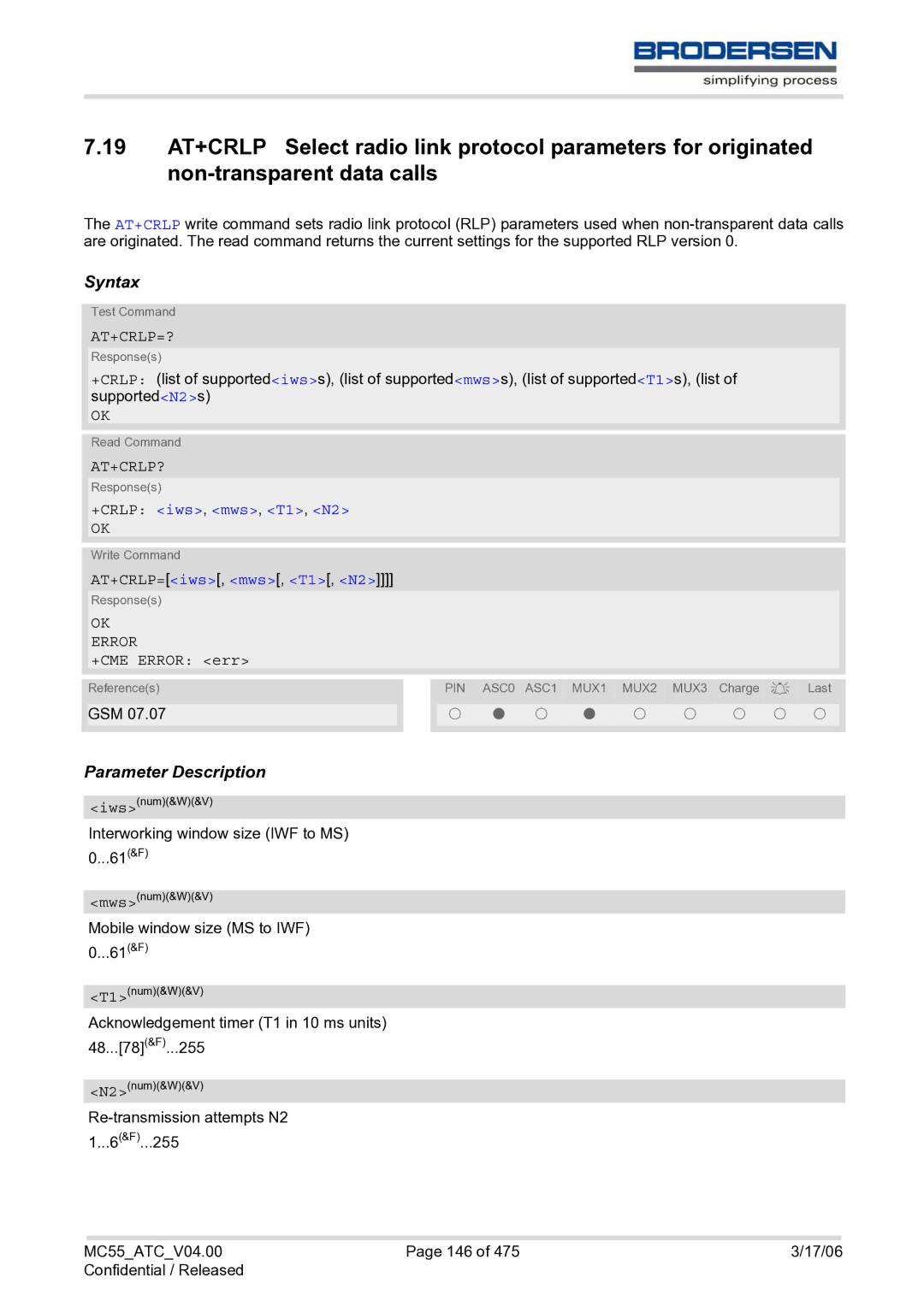 Siemens MC55 AT manual Non-transparent data calls, At+Crlp=?, At+Crlp?, +CRLP iws, mws, T1, N2, AT+CRLP=iws, mws, T1, N2 