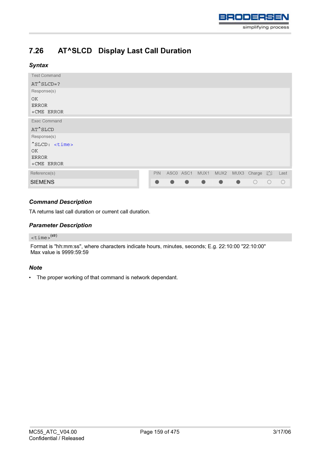 Siemens MC55 AT manual Atslcd Display Last Call Duration, Atslcd=?, Slcd time, Timestr 