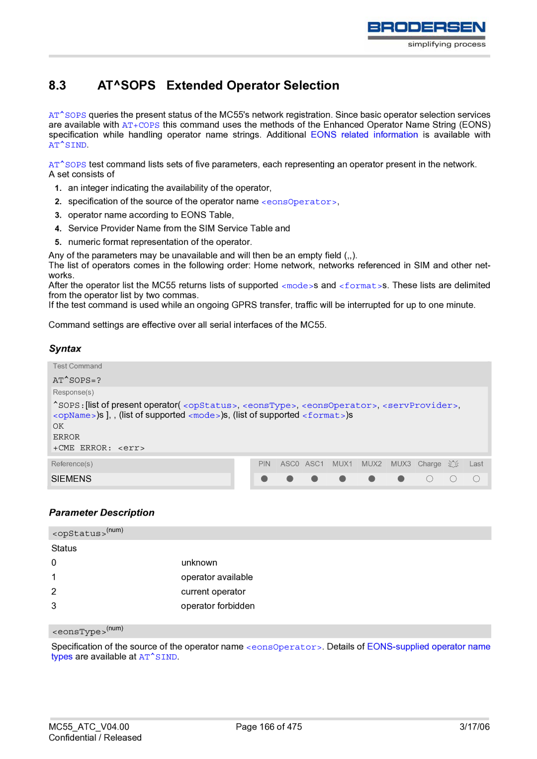 Siemens MC55 AT manual Atsops Extended Operator Selection, Atsops=?, EonsTypenum 