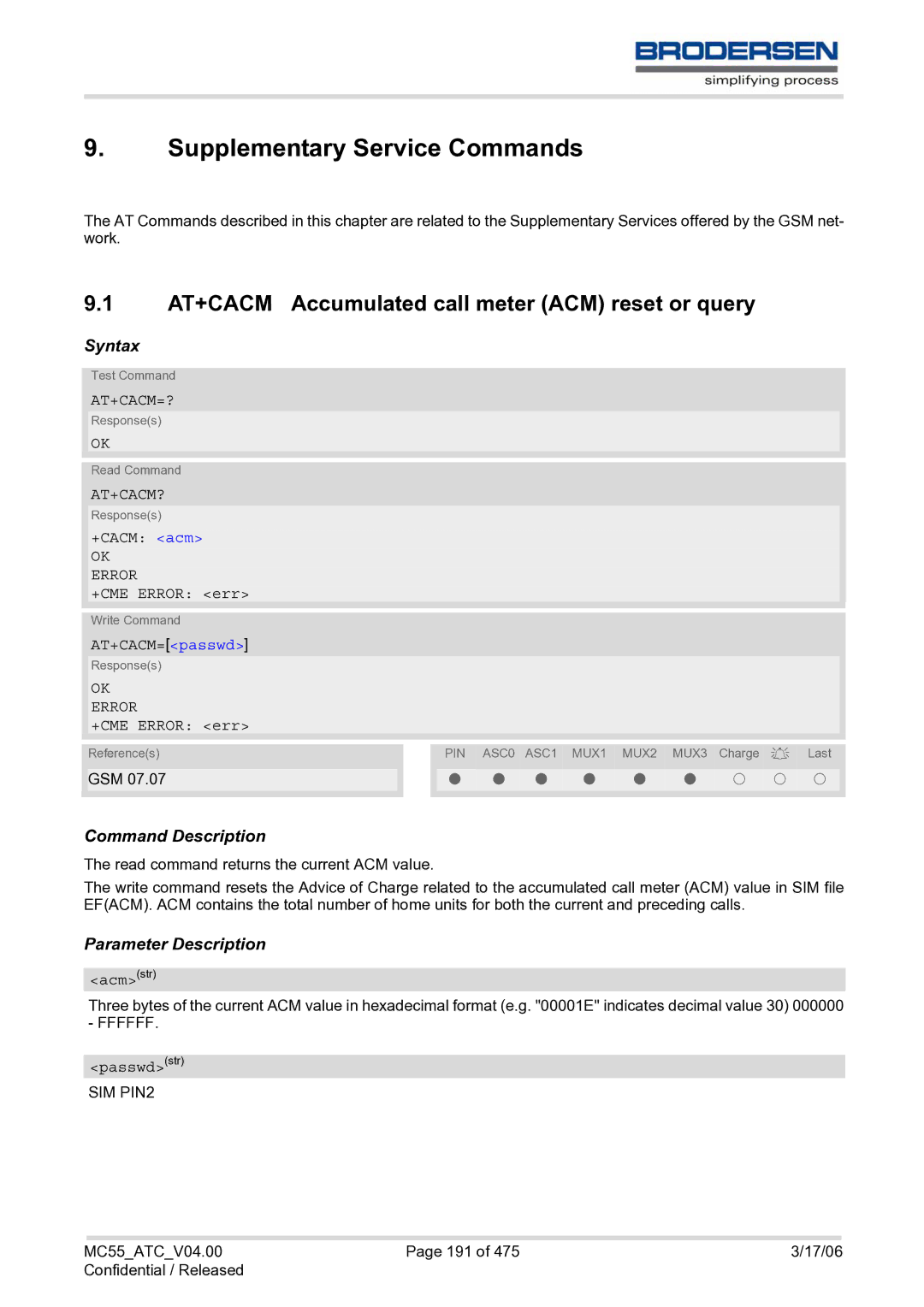 Siemens MC55 AT Supplementary Service Commands, AT+CACM Accumulated call meter ACM reset or query, At+Cacm=?, At+Cacm? 