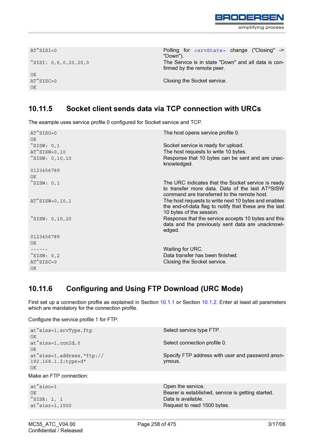 Siemens MC55 AT manual Socket client sends data via TCP connection with URCs, Configuring and Using FTP Download URC Mode 