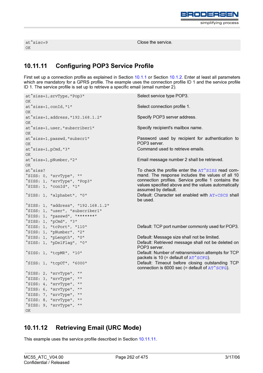 Siemens MC55 AT manual Configuring POP3 Service Profile, Retrieving Email URC Mode 
