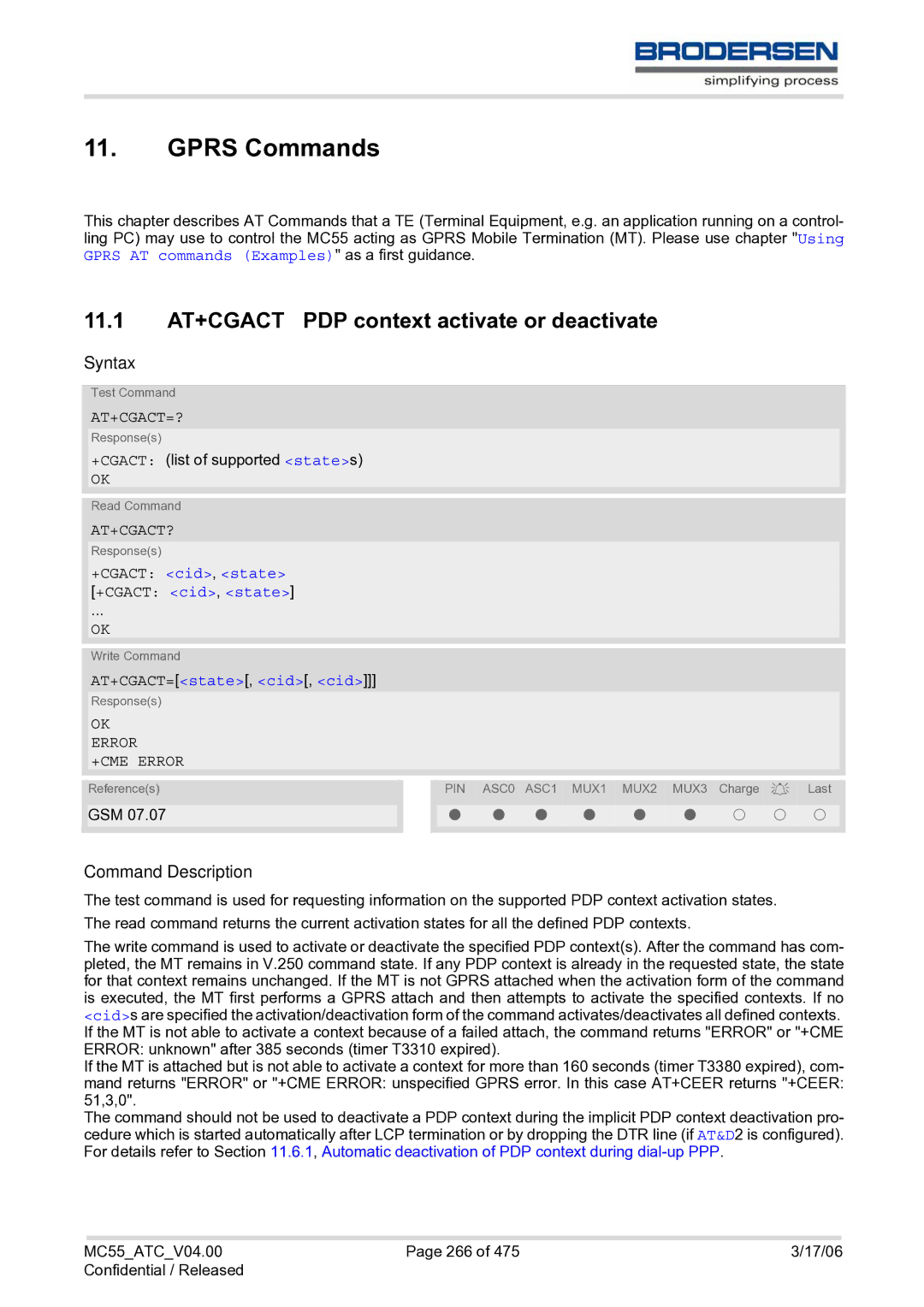 Siemens MC55 AT manual Gprs Commands, 11.1 AT+CGACT PDP context activate or deactivate, At+Cgact=?, At+Cgact? 