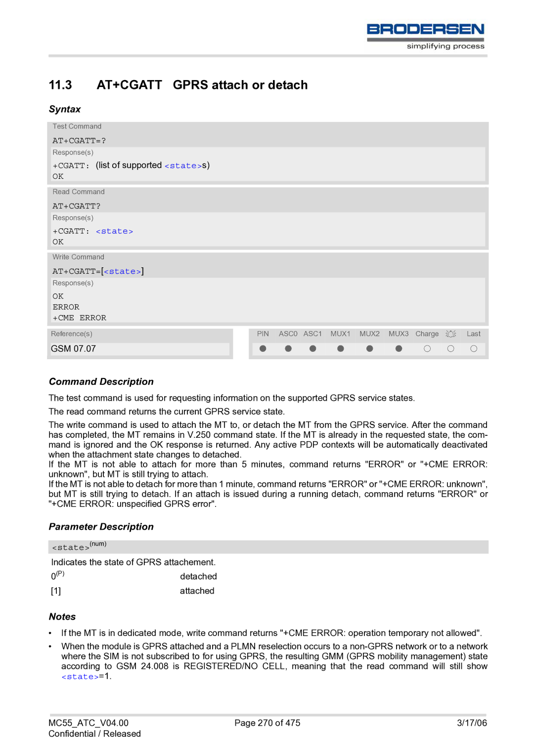 Siemens MC55 AT manual 11.3 AT+CGATT Gprs attach or detach, At+Cgatt=?, At+Cgatt?, State=1 