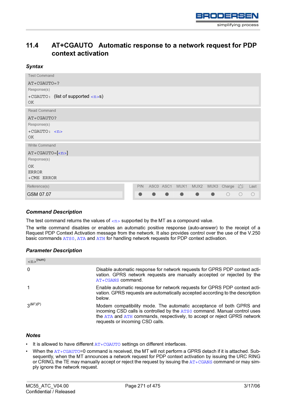 Siemens MC55 AT manual At+Cgauto=?, At+Cgauto?, +CGAUTO n, AT+CGAUTO=n, AT+CGANS command 