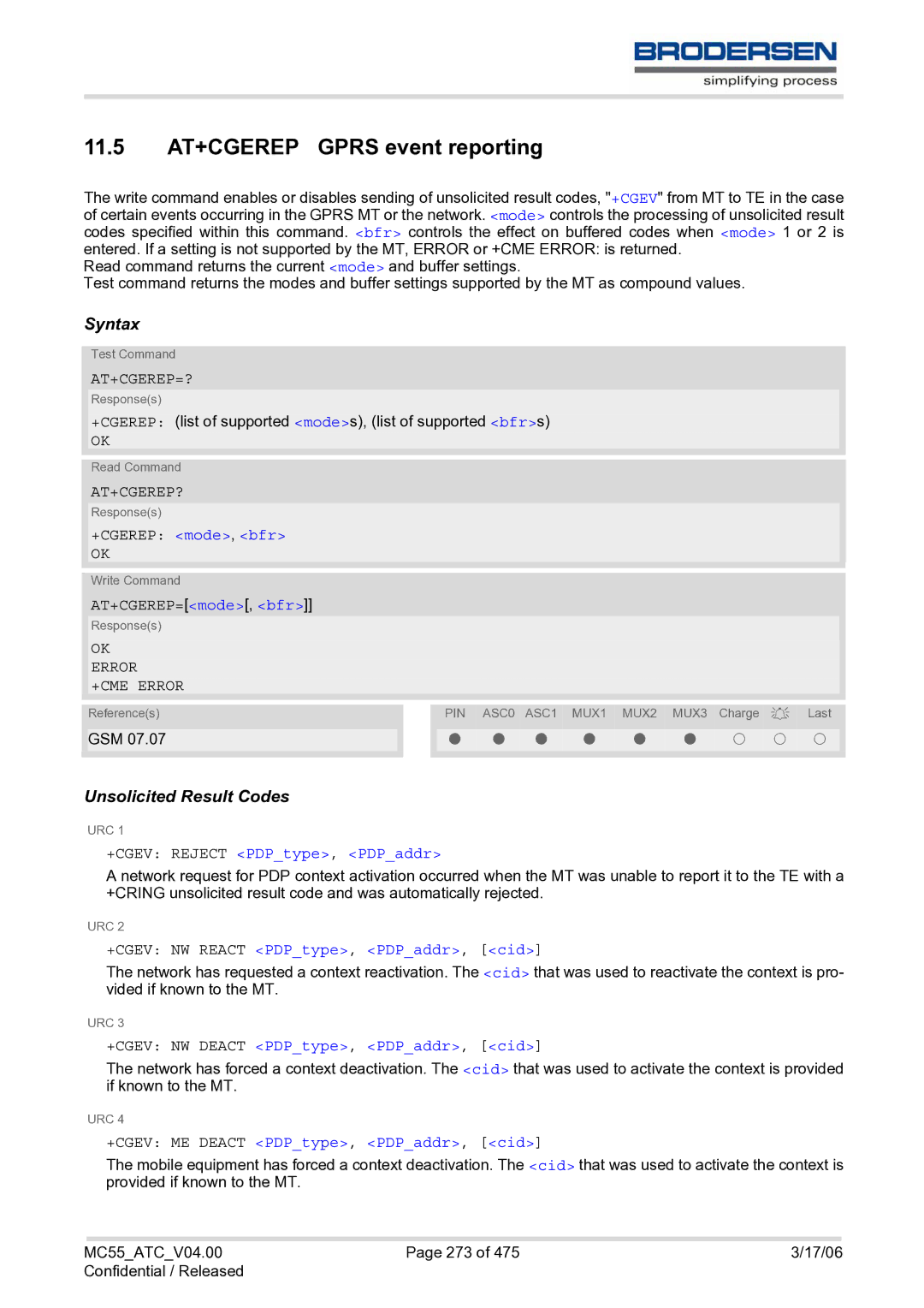 Siemens MC55 AT manual 11.5 AT+CGEREP Gprs event reporting, At+Cgerep=?, At+Cgerep? 