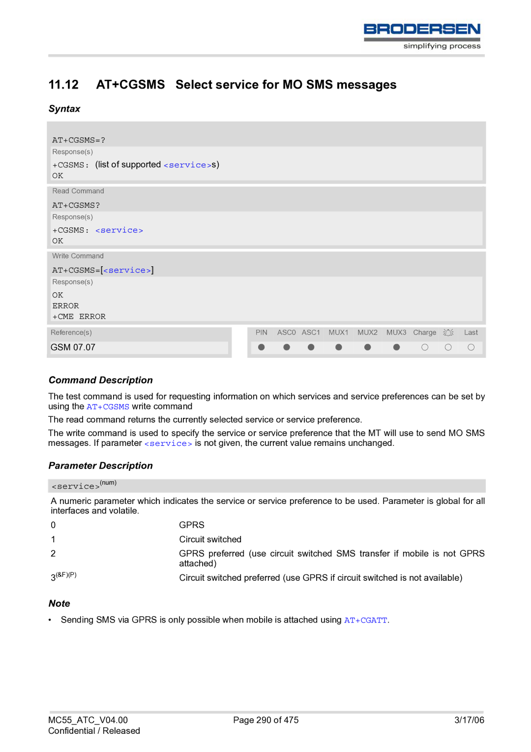 Siemens MC55 AT manual 11.12 AT+CGSMS Select service for MO SMS messages, At+Cgsms=?, At+Cgsms?, +CGSMS service 