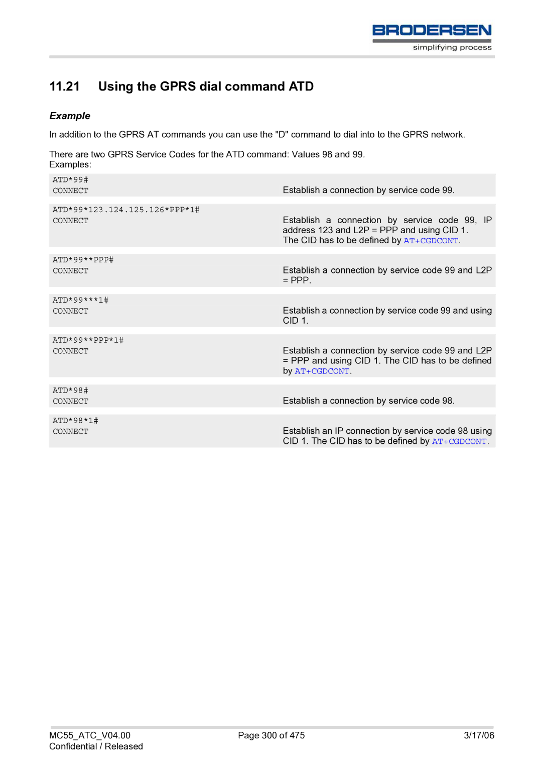 Siemens MC55 AT manual Using the Gprs dial command ATD, By AT+CGDCONT 