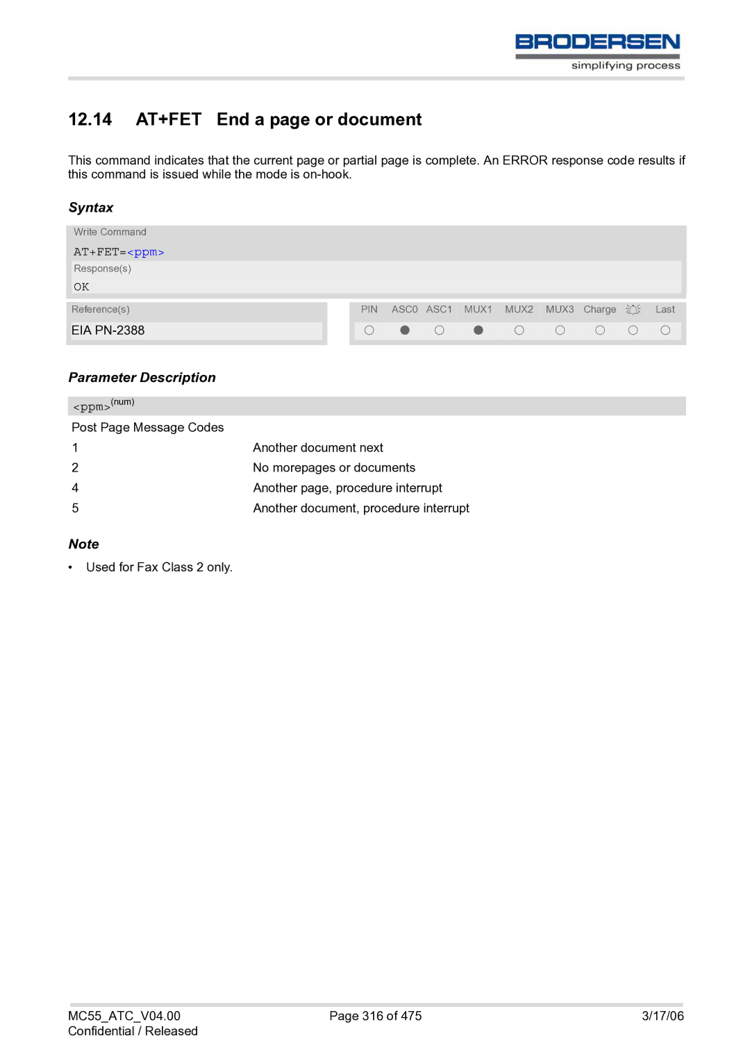 Siemens MC55 AT manual 12.14 AT+FET End a page or document, AT+FET=ppm, Ppmnum 