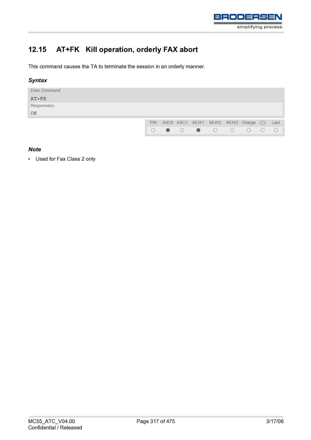 Siemens MC55 AT manual 12.15 AT+FK Kill operation, orderly FAX abort, At+Fk 