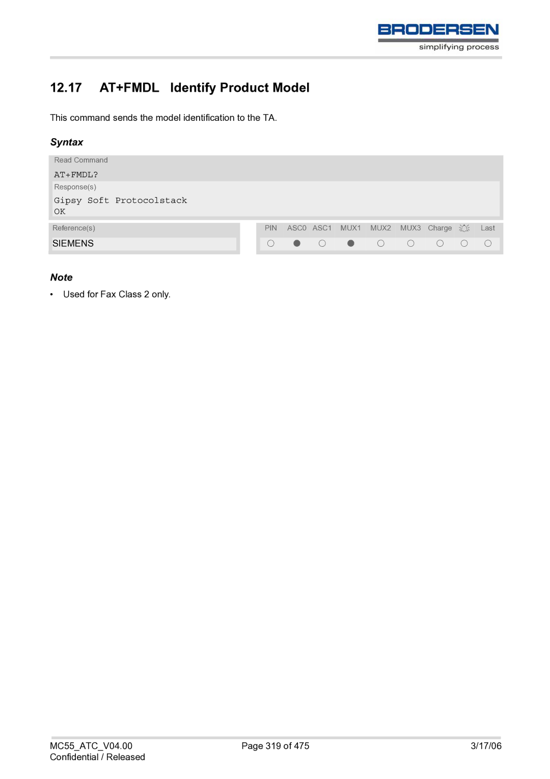 Siemens MC55 AT manual 12.17 AT+FMDL Identify Product Model, At+Fmdl?, Gipsy Soft Protocolstack 