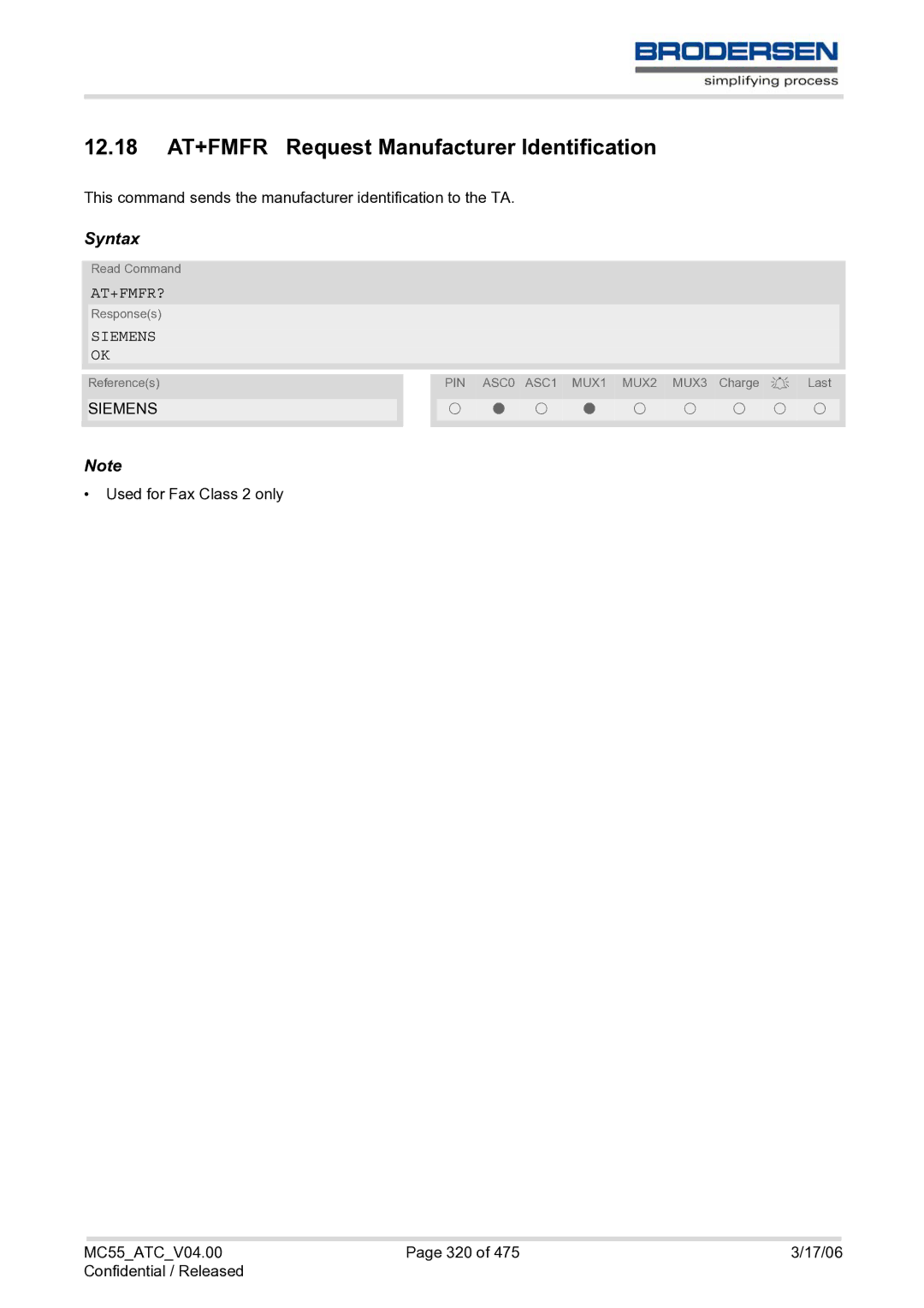 Siemens MC55 AT manual 12.18 AT+FMFR Request Manufacturer Identification, At+Fmfr?, Siemens 