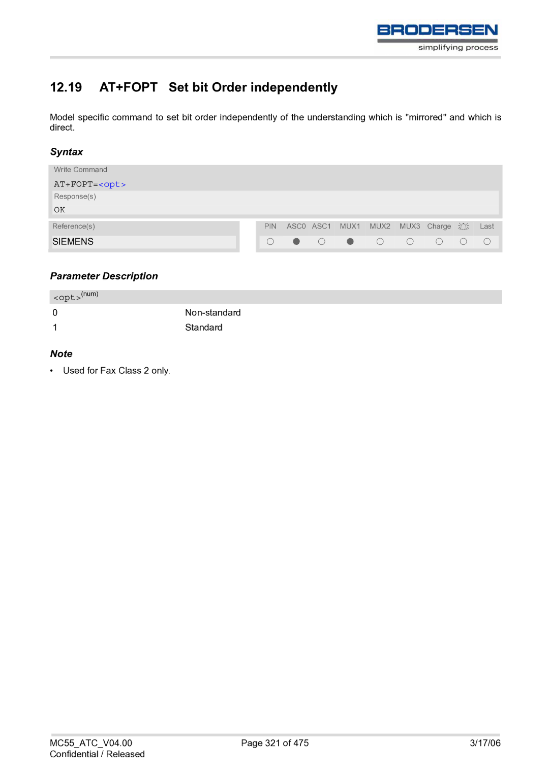 Siemens MC55 AT manual 12.19 AT+FOPT Set bit Order independently, AT+FOPT=opt, Optnum 