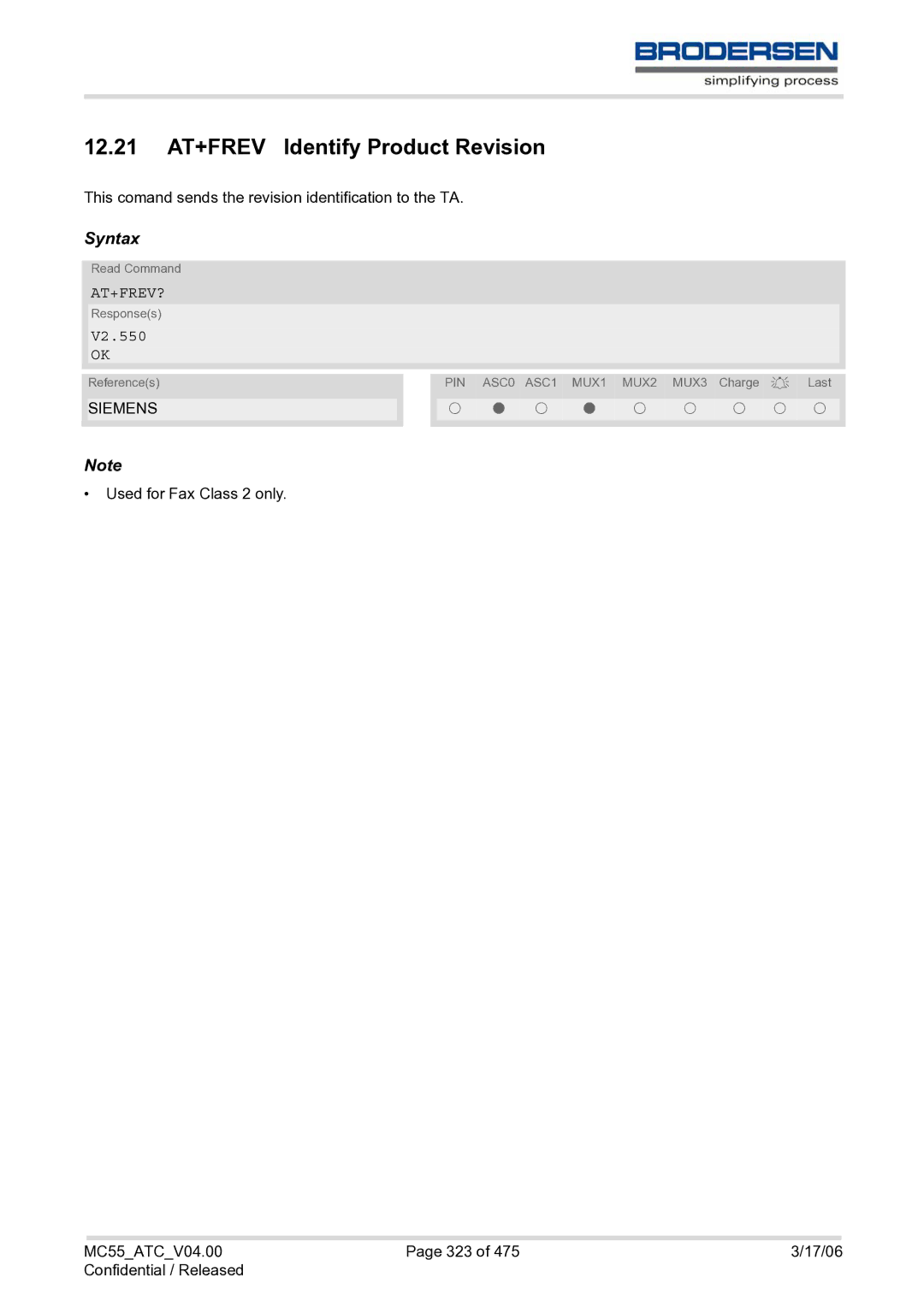 Siemens MC55 AT manual 12.21 AT+FREV Identify Product Revision, At+Frev?, V2.550 