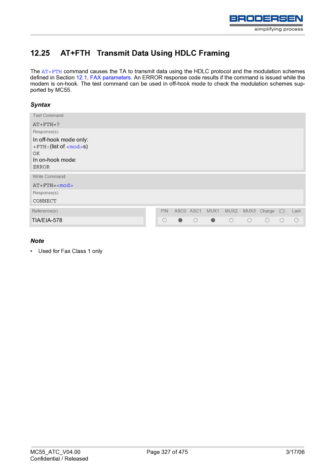 Siemens MC55 AT manual 12.25 AT+FTH Transmit Data Using Hdlc Framing, At+Fth=?, AT+FTH=mod 