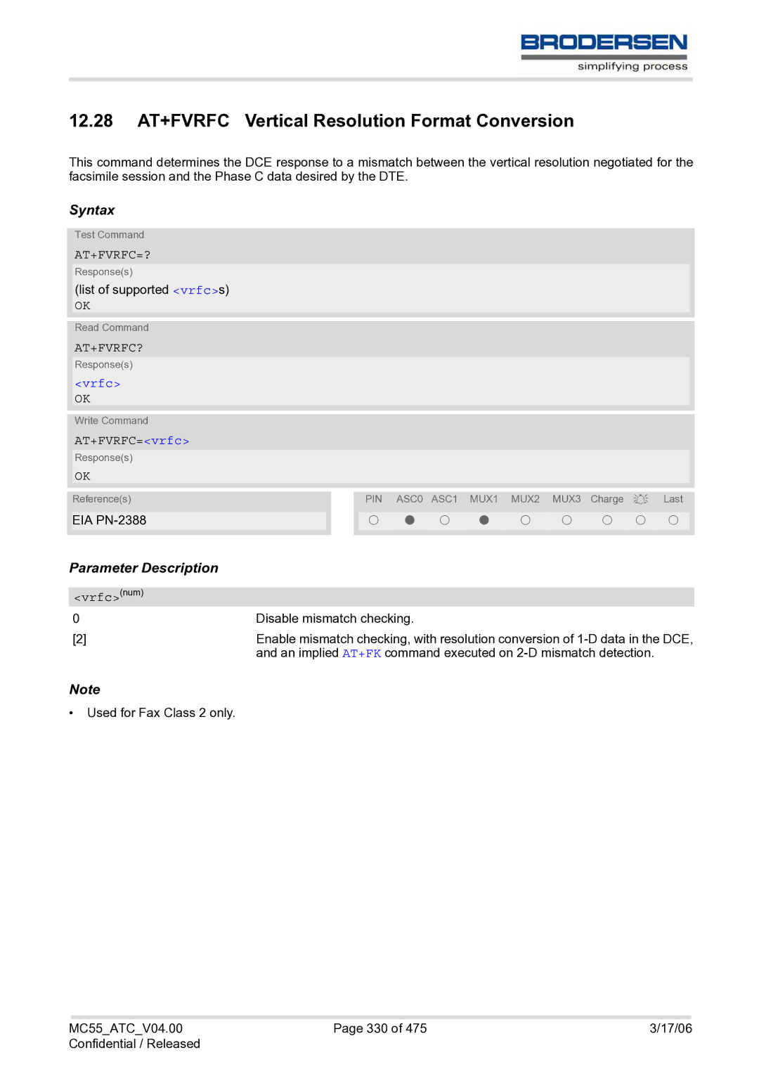 Siemens MC55 AT manual 12.28 AT+FVRFC Vertical Resolution Format Conversion, At+Fvrfc=?, At+Fvrfc?, Vrfc 